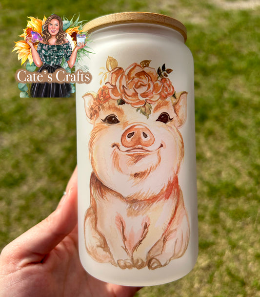 Cute Floral Pig Frosted Glass Cup